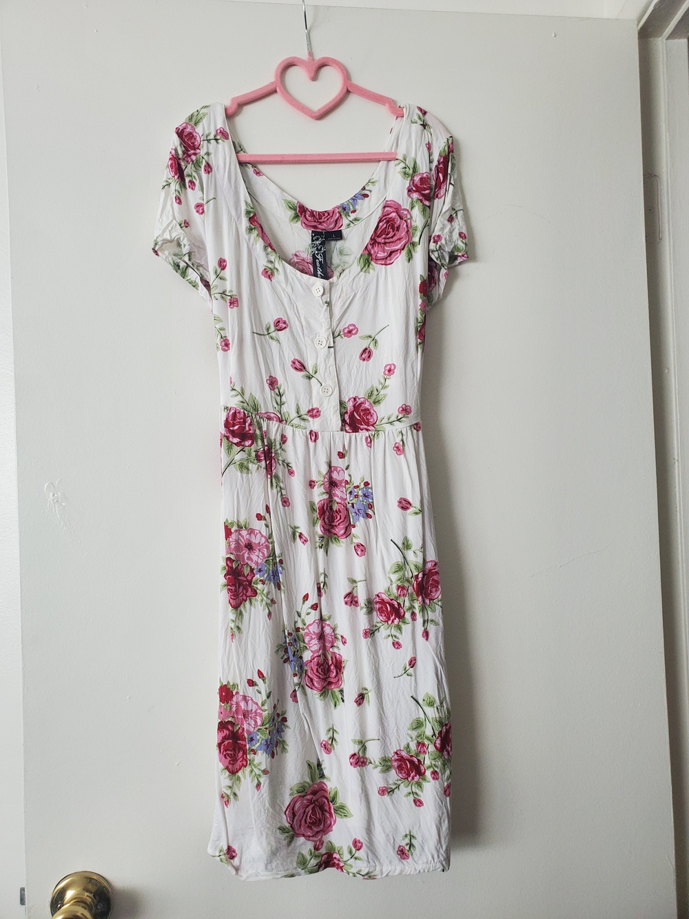 feathers White Midi Dress with Pink Rose Print